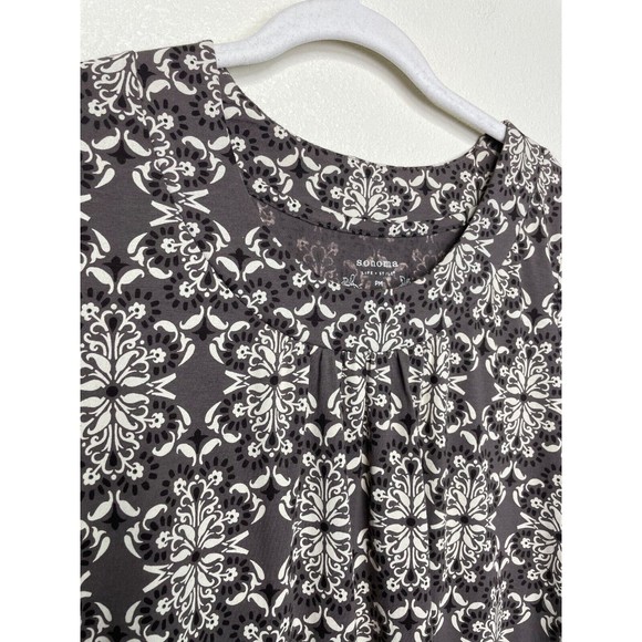 Sonoma Medium Printed Blouse Gray Short Sleeve Pleated Front Scoop Neck Cotton - Picture 2 of 11